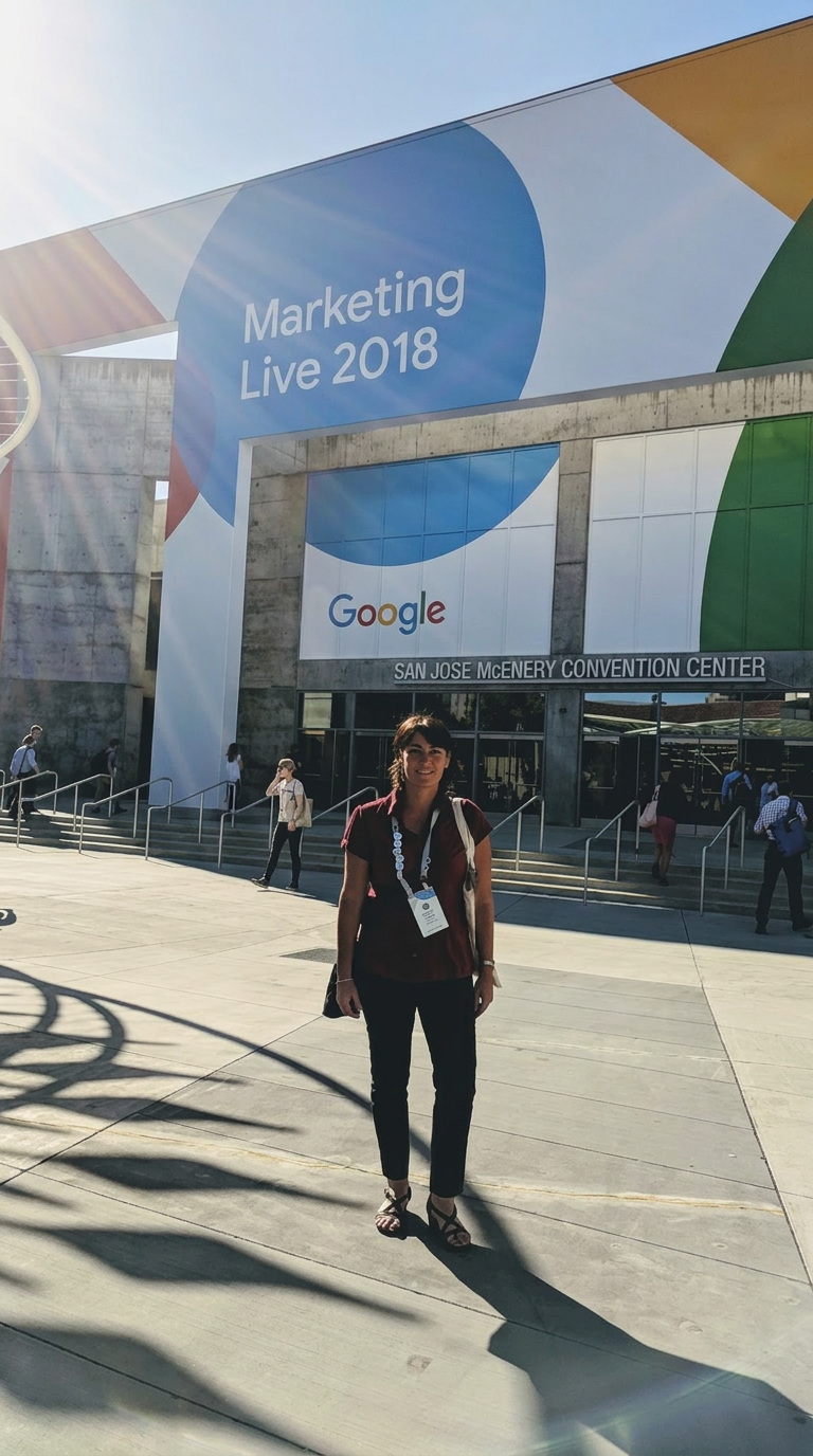 Karine Kugler in front of the Google Marketing Live 2018 entrance at the San Jose McEnery Convention Center