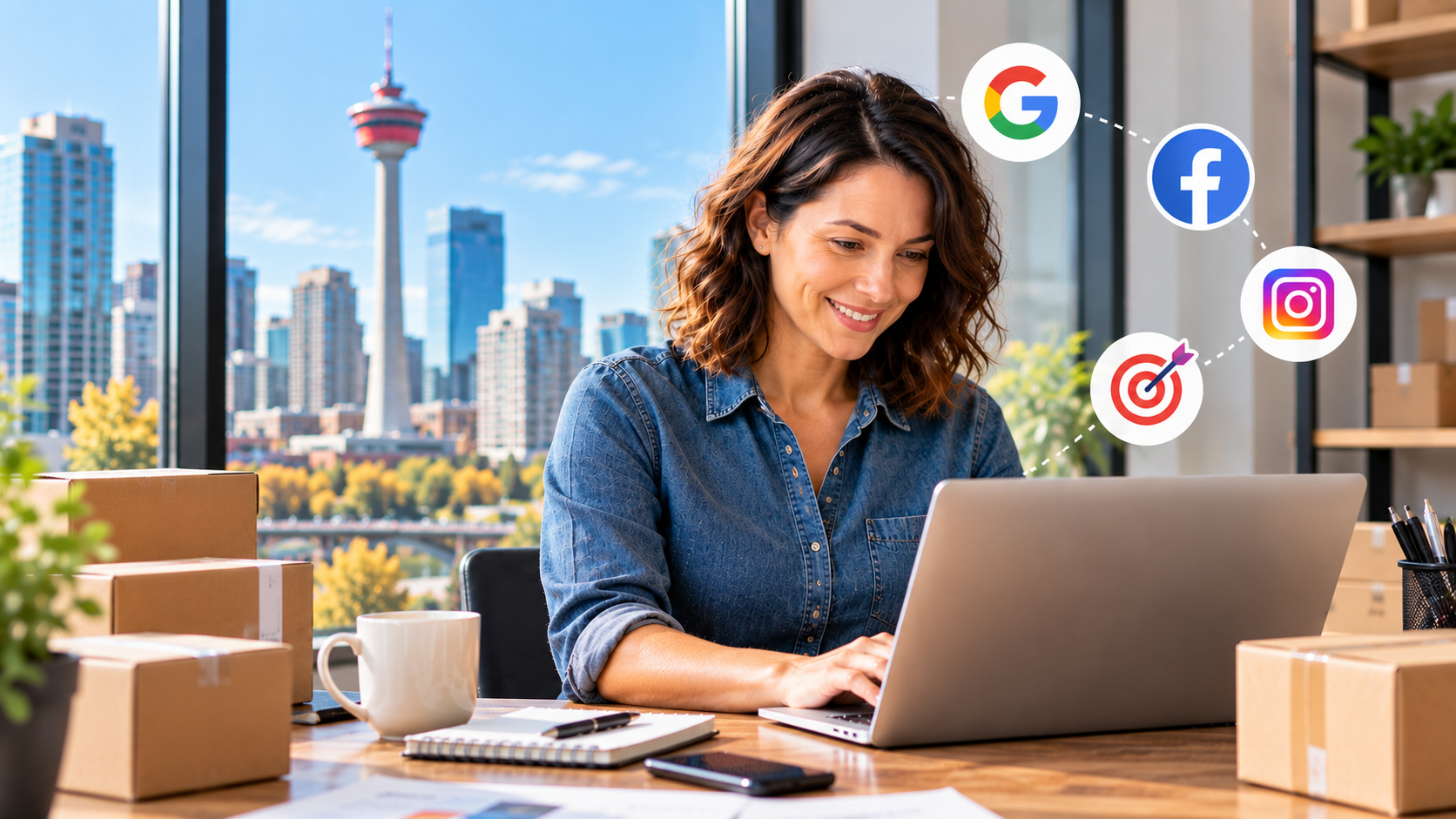 A Calgary small business owner working on her laptop with Google, Facebook and Instagram marketing icons