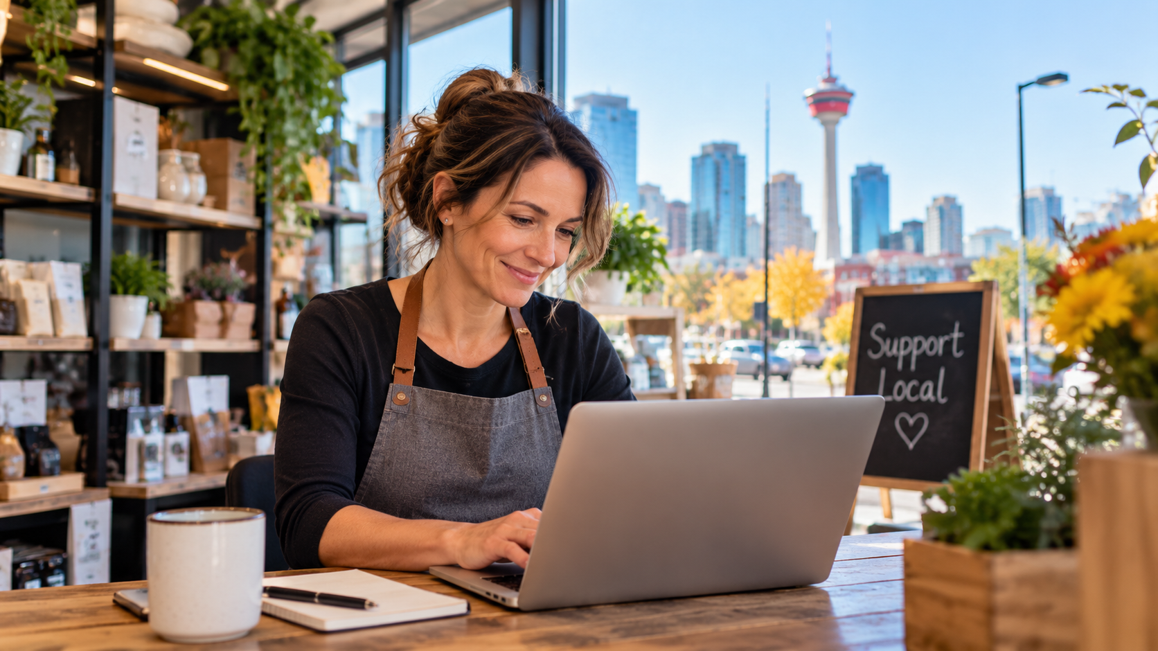 A Calgary small business owner working on her laptop in her shop, with the Calgary Tower visible through the window