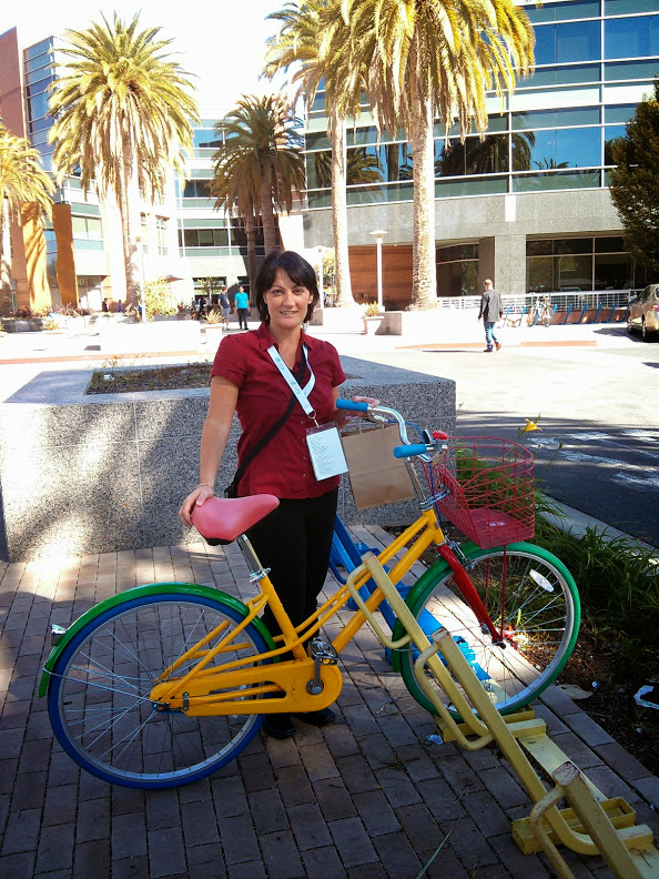 Karine Kugler with a colourful Google bike at Google headquarters in Mountain View, California