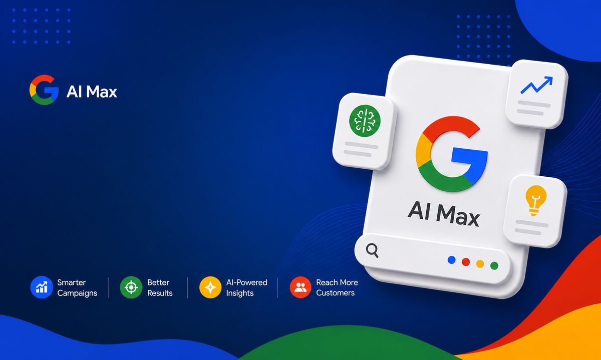 Blue Google AI Max hero banner with a large white panel showing the Google logo and 'AI Max' text, surrounded by small feature tiles on a blue gradient background.