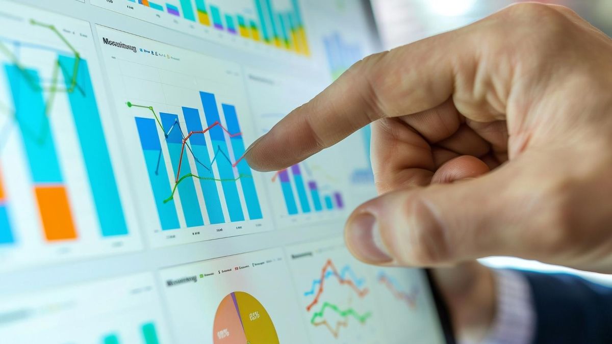 Close-up of a hand touching a screen with colorful bar and line charts on a data dashboard.