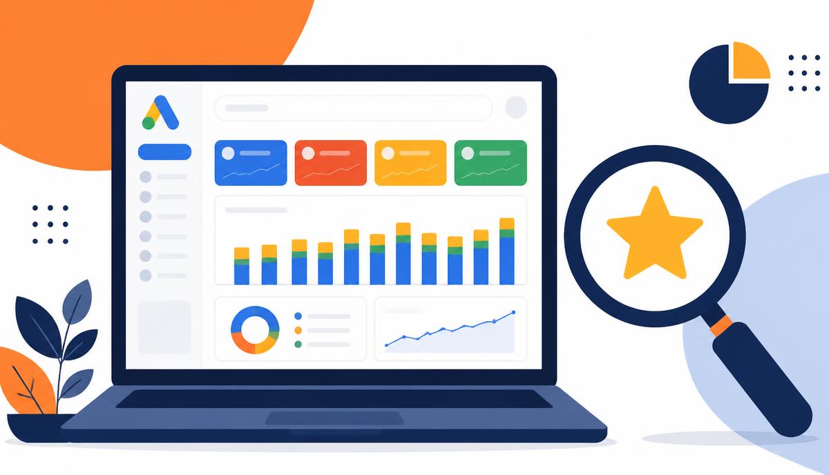 Laptop showing a Google Ads performance dashboard next to a magnifying glass with a star